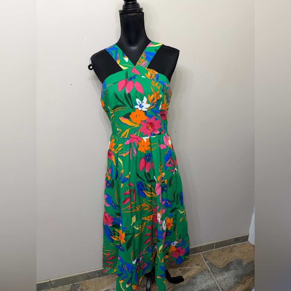 NWT J. Crew Women’s Green Floral Cross-Strap Midi Dress Size 8